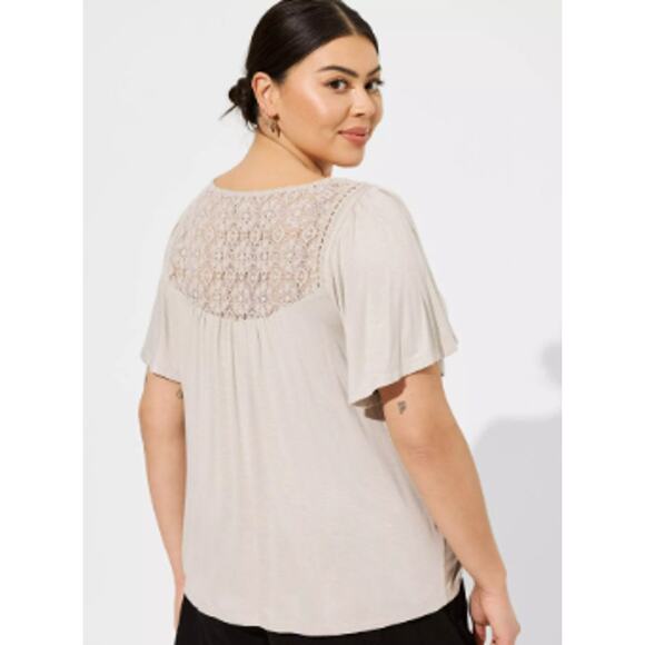 Torrid 4 Women 26W 4x Chateau Gray/ Beige Knit V-neck Lace Insert Button Tee - Picture 3 of 11